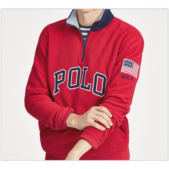 Polo Ralph Lauren BIG LOGO USA FLAG Cotton blend Fleece Pullover Quarter Zip, XL - Picture 2 of 7